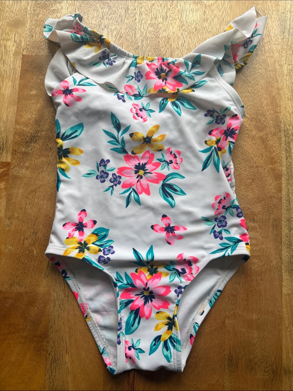 Old Navy White One-Piece Swimsuit with Pink, Yellow & Teal Floral Print